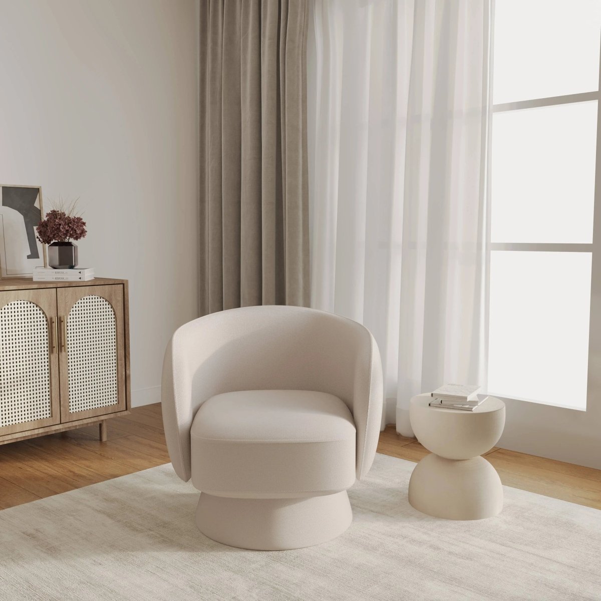 Raze Accent Chair Upholstered in Boucle/Linen/Velvet Armchair with Removable Round Base Oatmeal Linen Accent Chair Leisuremod