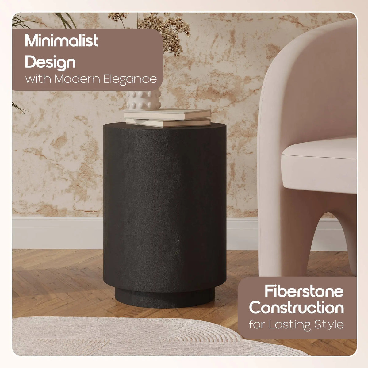 LeisureMod Ramble 14" Wide Round Side Table – Modern Fiberstone Accent End Table for Indoor or Outdoor Use, Weather-Resistant for Patio, Balcony, or Living Room
