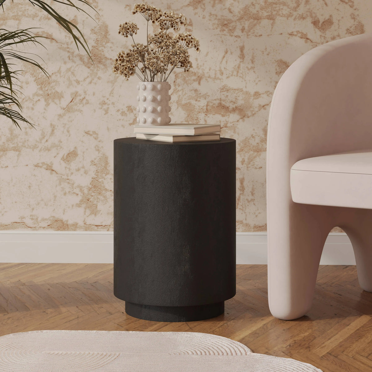 LeisureMod Ramble 14" Wide Round Side Table – Modern Fiberstone Accent End Table for Indoor or Outdoor Use, Weather-Resistant for Patio, Balcony, or Living Room