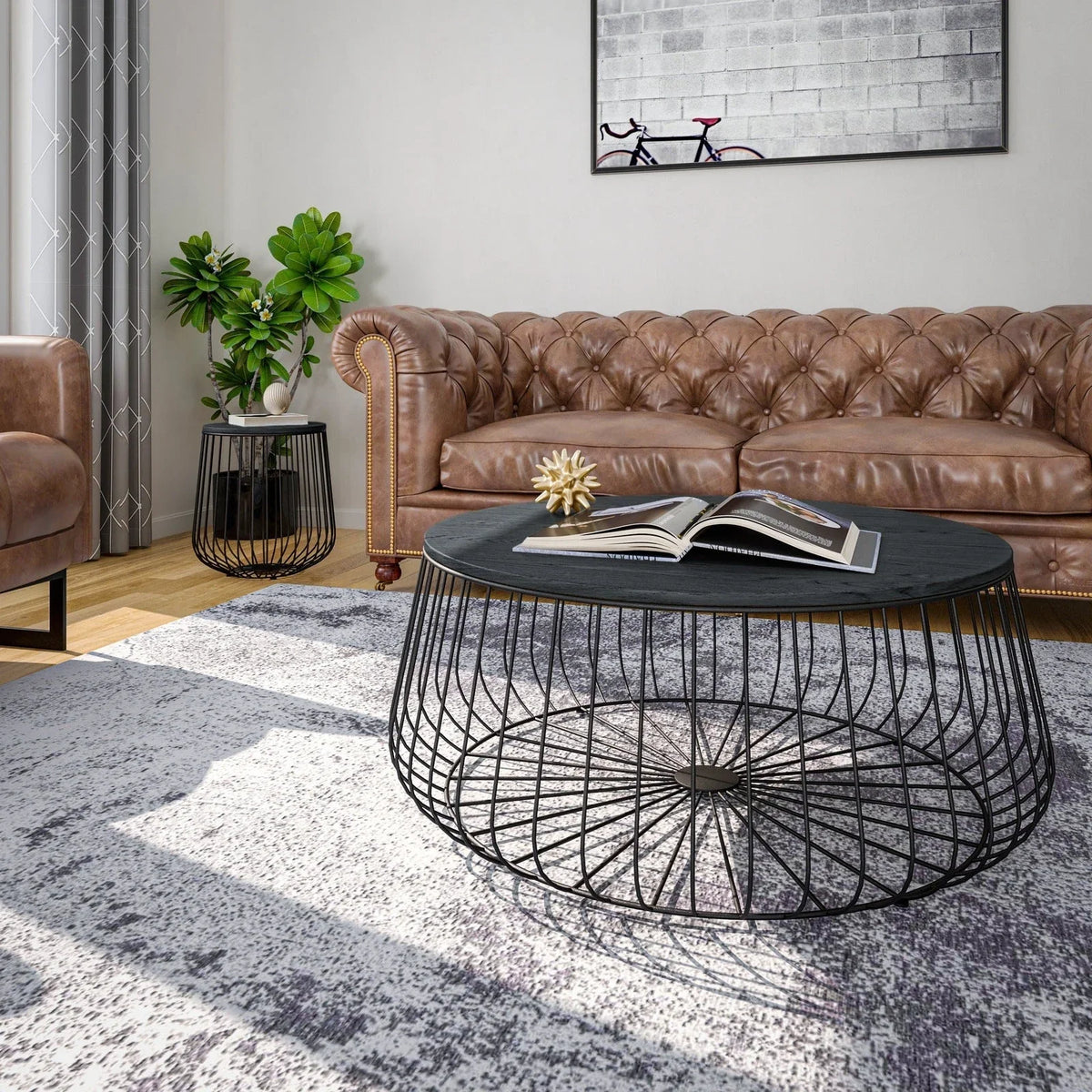Runswick Round End Table Wood Tabletop With Steel Drum Base for Storage - Elax Furniture