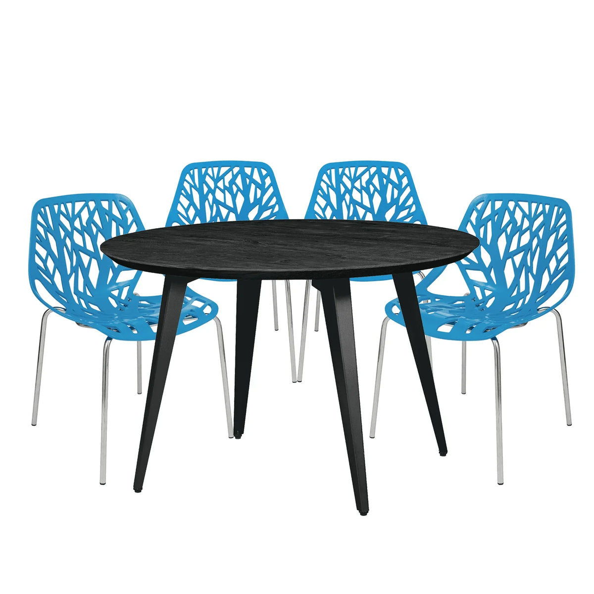 Ravenna 5-Piece Dining Set: 4 Stackable Plastic Chairs & Round Wood Table, Metal Base - Elax Furniture