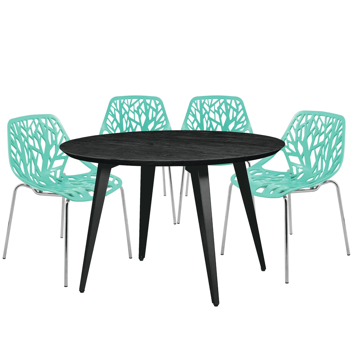 Ravenna 5-Piece Dining Set: 4 Stackable Plastic Chairs & Round Wood Table, Metal Base - Elax Furniture