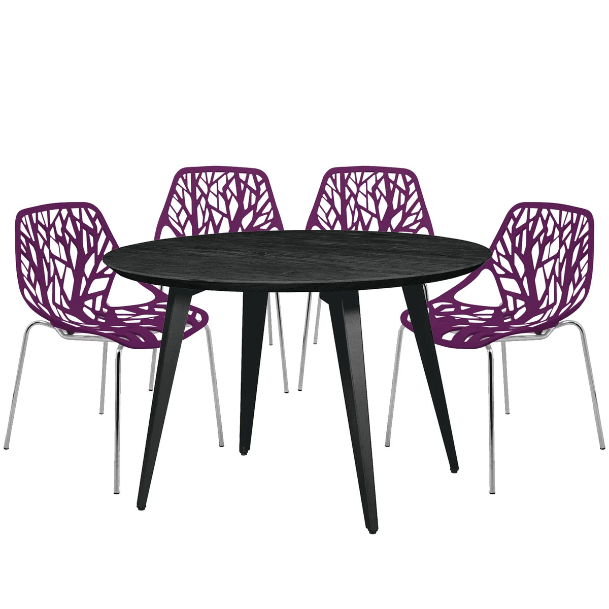 Ravenna 5-Piece Dining Set: 4 Stackable Plastic Chairs & Round Wood Table, Metal Base - Elax Furniture