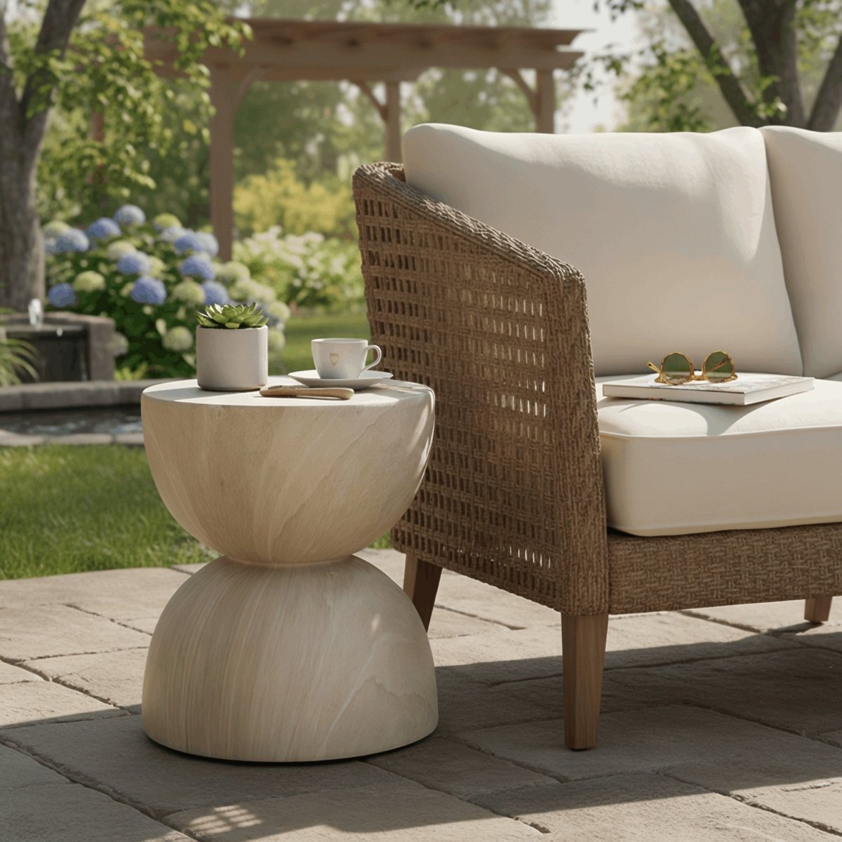 Sage Minimalist Side Table in Fiberstone Hourglass Design Accent Table Stone Marble Side Table LeisureMod