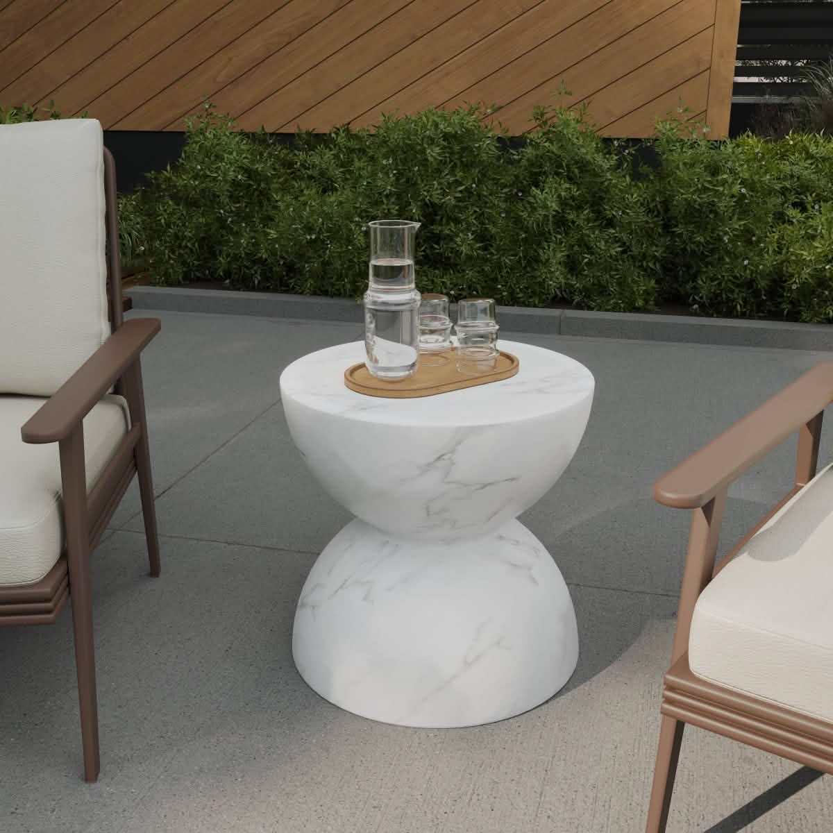 Sage Minimalist Side Table in Fiberstone Hourglass Design Accent Table Marbled White Side Table LeisureMod