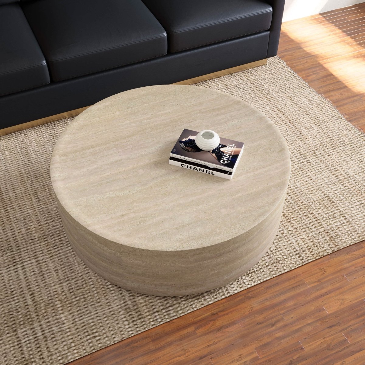 Sandy 32" Round Coffee Table, Travertine Finish, Fiberstone, Indoor/Outdoor Travertine Coffee Table Leisuremod
