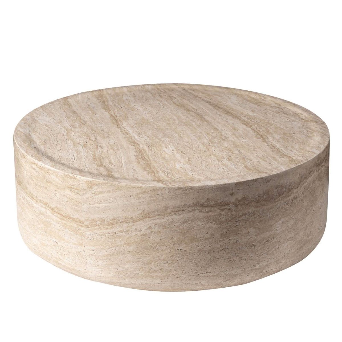 Sandy 32" Round Coffee Table, Travertine Finish, Fiberstone, Indoor/Outdoor Travertine Coffee Table Leisuremod