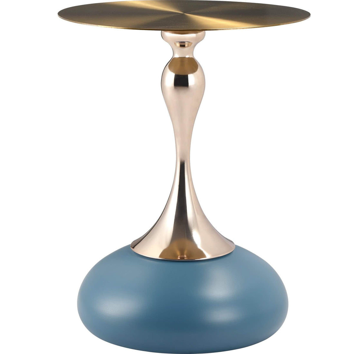 Savoy Wide Side Table with Stainless Steel Top Round Accent Table and Elegant Pedestal Base Gold Blue Side Table LeisureMod