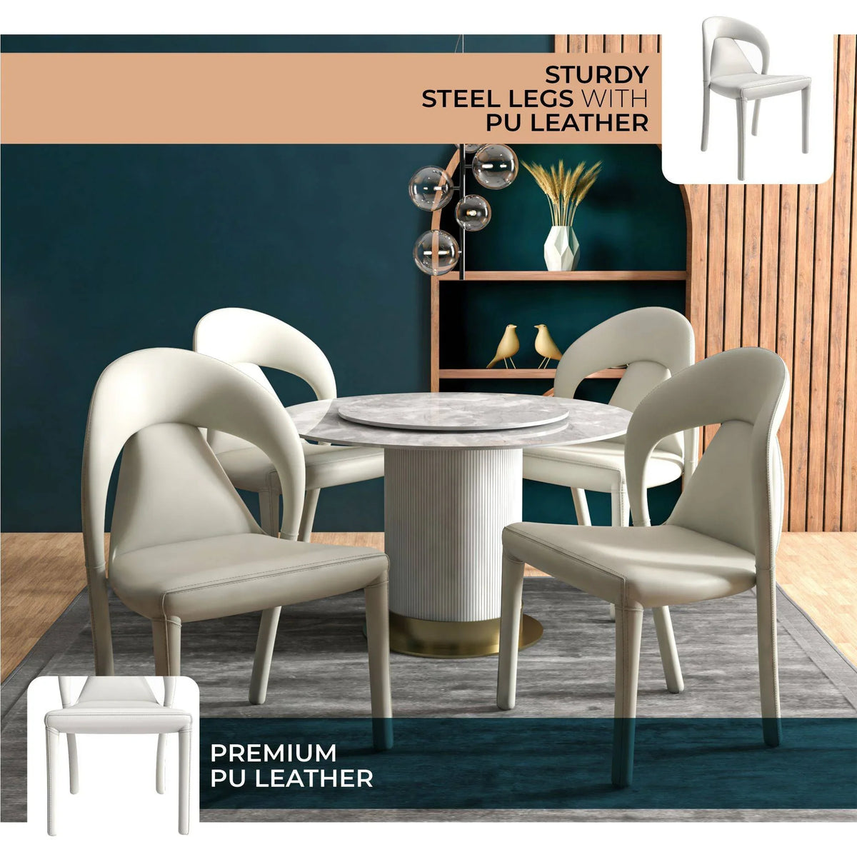 Solace Series Dining Chair Upholstered in Leather with Steel Legs and an Open Back Design - Elax Furniture