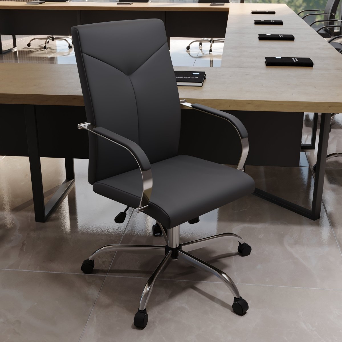 Sonora High-Back Leather Office Chair in Chrome Steel Base Black Office Chair Leisuremod