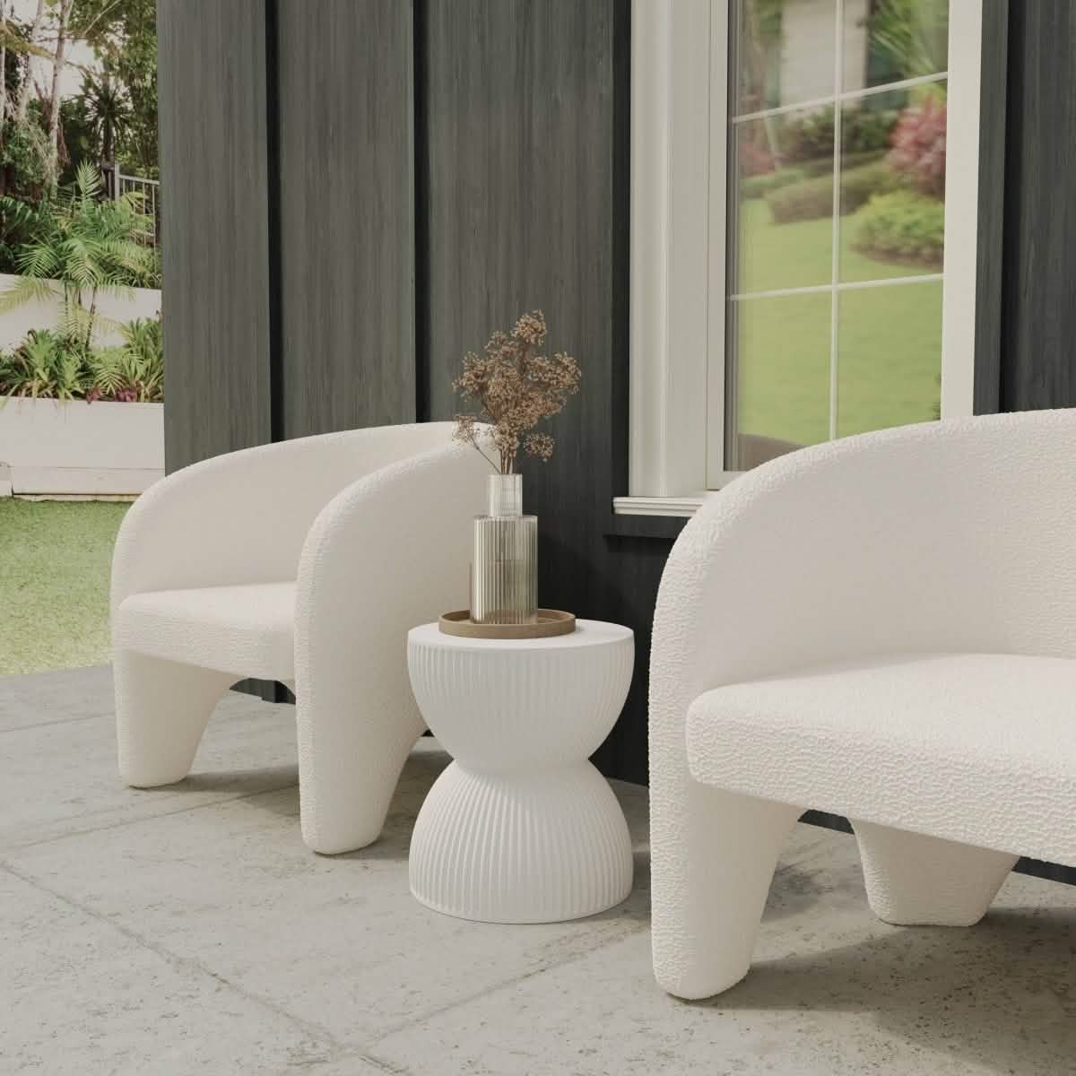 Spire 15" Wide Round Side Fiberstone Table With Hourglass Design White Side Table Leisuremod