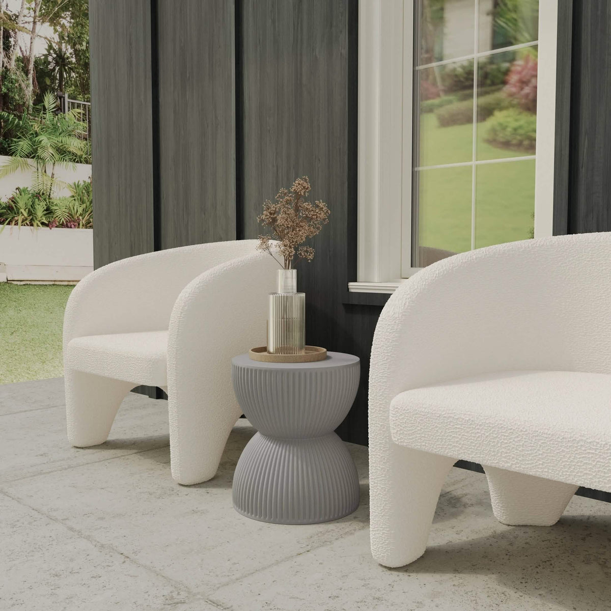 Spire 15" Wide Round Side Fiberstone Table With Hourglass Design Grey Side Table Leisuremod