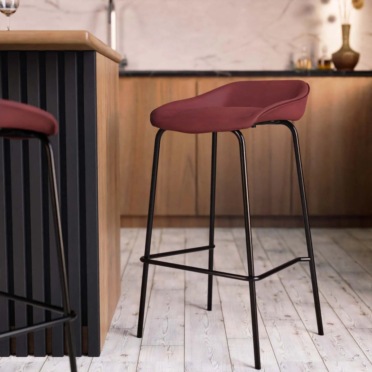 Servos Modern Barstool with Upholstered Faux Leather Seat and Powder Coated Iron Frame - Elax Furniture