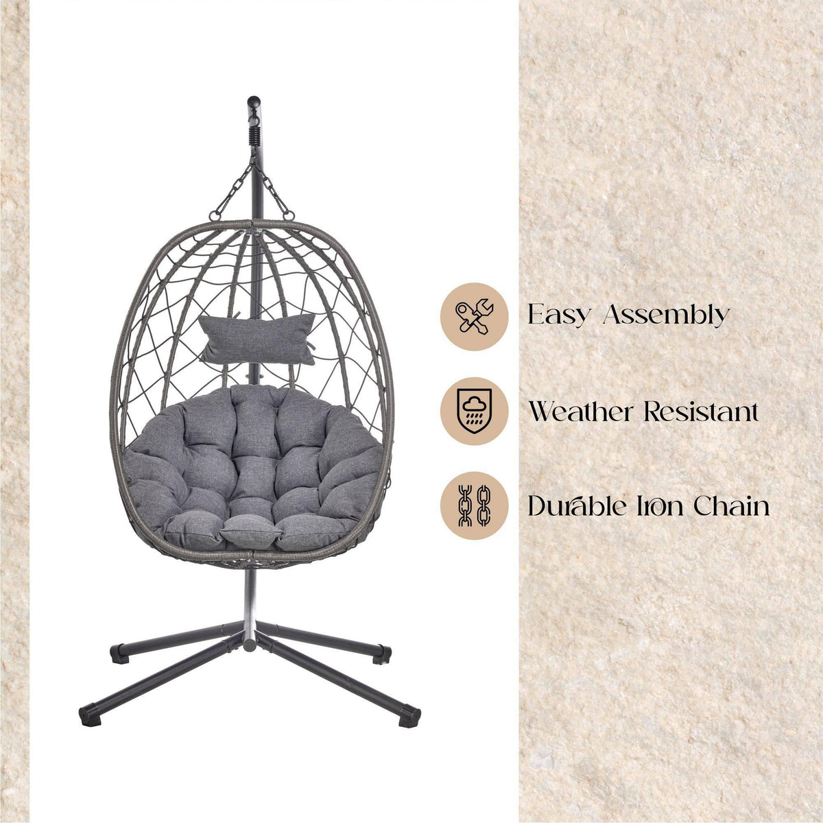 Summit Outdoor Single Person Egg Swing Chair in Grey Steel Frame With Removable Cushions - Elax Furniture