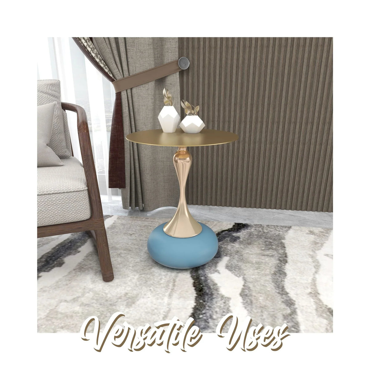 Savoy Wide Side Table with Gold Stainless Steel Top Round Accent Table and Elegant Pedestal Base - Elax Furniture
