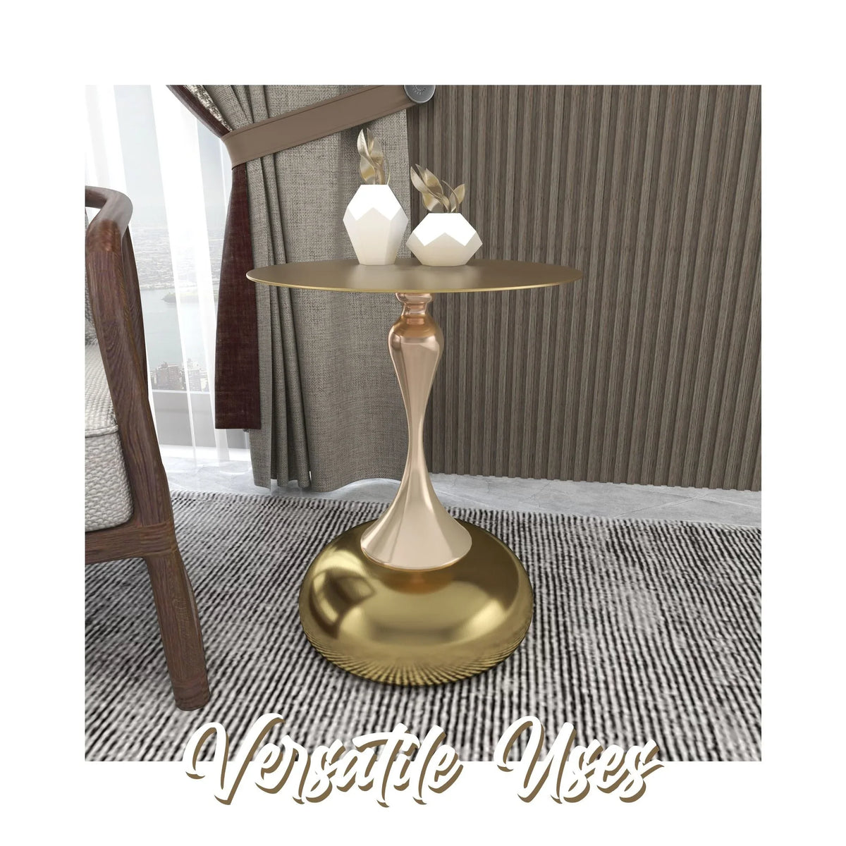 Savoy Wide Side Table with Gold Stainless Steel Top Round Accent Table and Elegant Pedestal Base - Elax Furniture