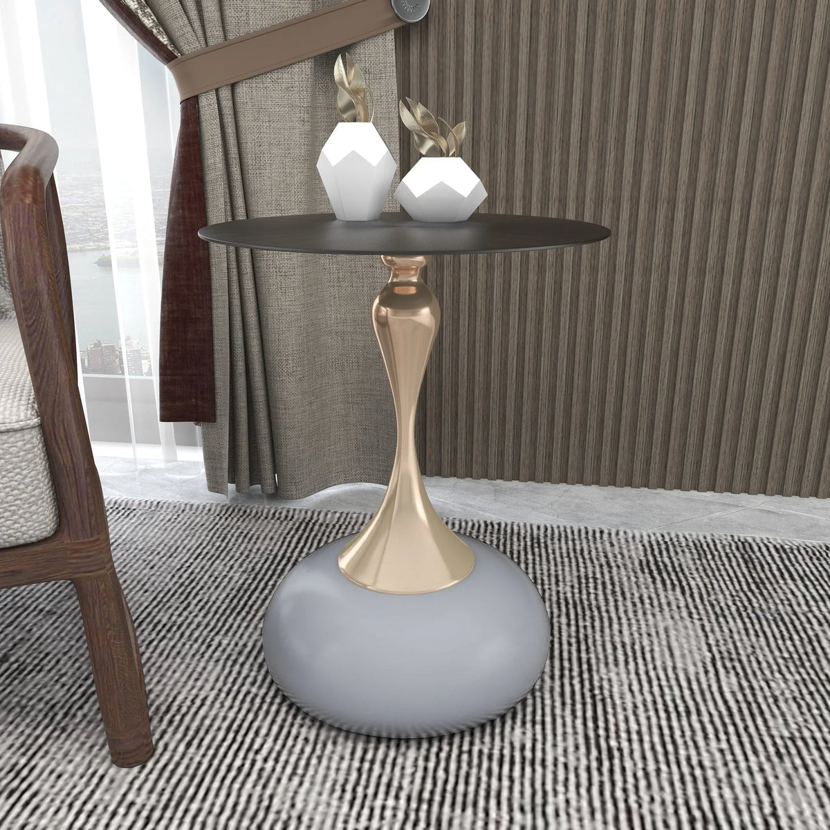 Savoy Wide Side Table with Stainless Steel Top Round Accent Table and Elegant Pedestal Base - Elax Furniture
