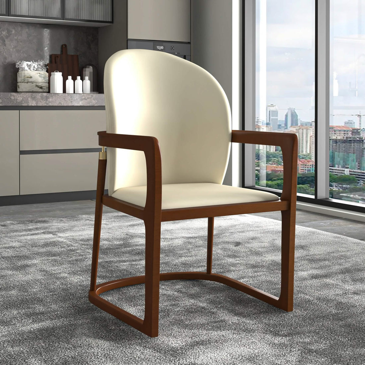 Svelta Dining Chair in Upholstered Leather Accent Arm Chair and Rubberwood Frame and Legs Cream Dining Chair LeisureMod
