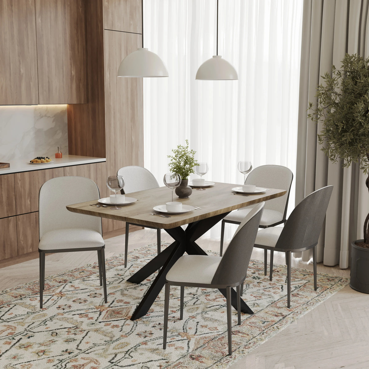 Ravenna 6-Piece Dining Set with 63" Rectangular Dining Table in Natural Wood MDF and 5 Leather/Fabric/Suede Fabric Dining Chairs - Elax Furniture