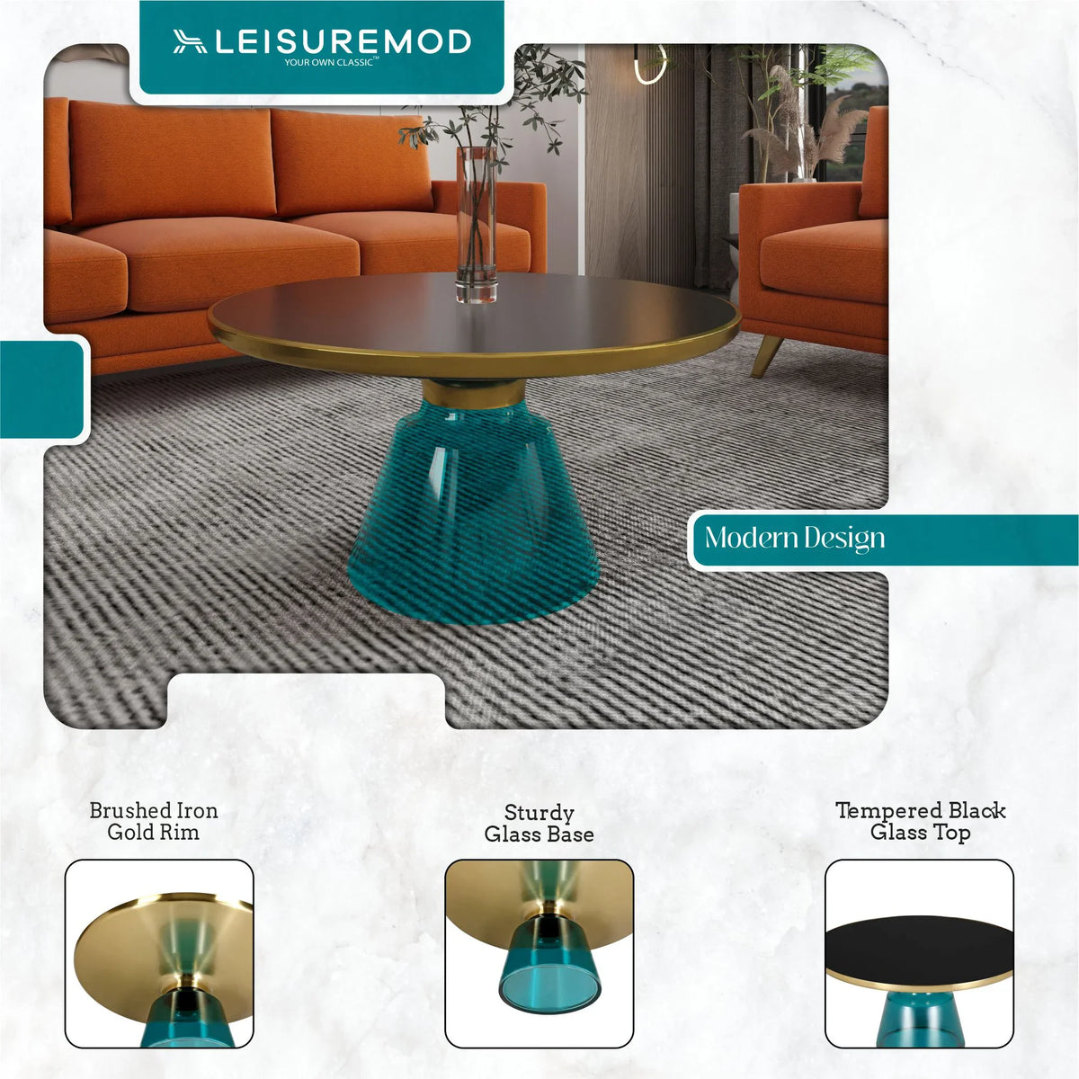 Tully Collection Coffee Table β Black/Gold Rim, Black Glass/Sintered Stone Top - Elax Furniture