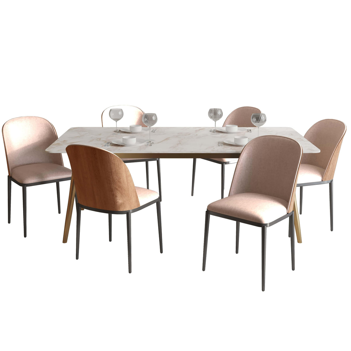 Zayle 7-Piece Dining Set with 55" Rectangular Dining Table in White Grey Sintered Stone Top and 6 Leather Dining Chairs - Elax Furniture