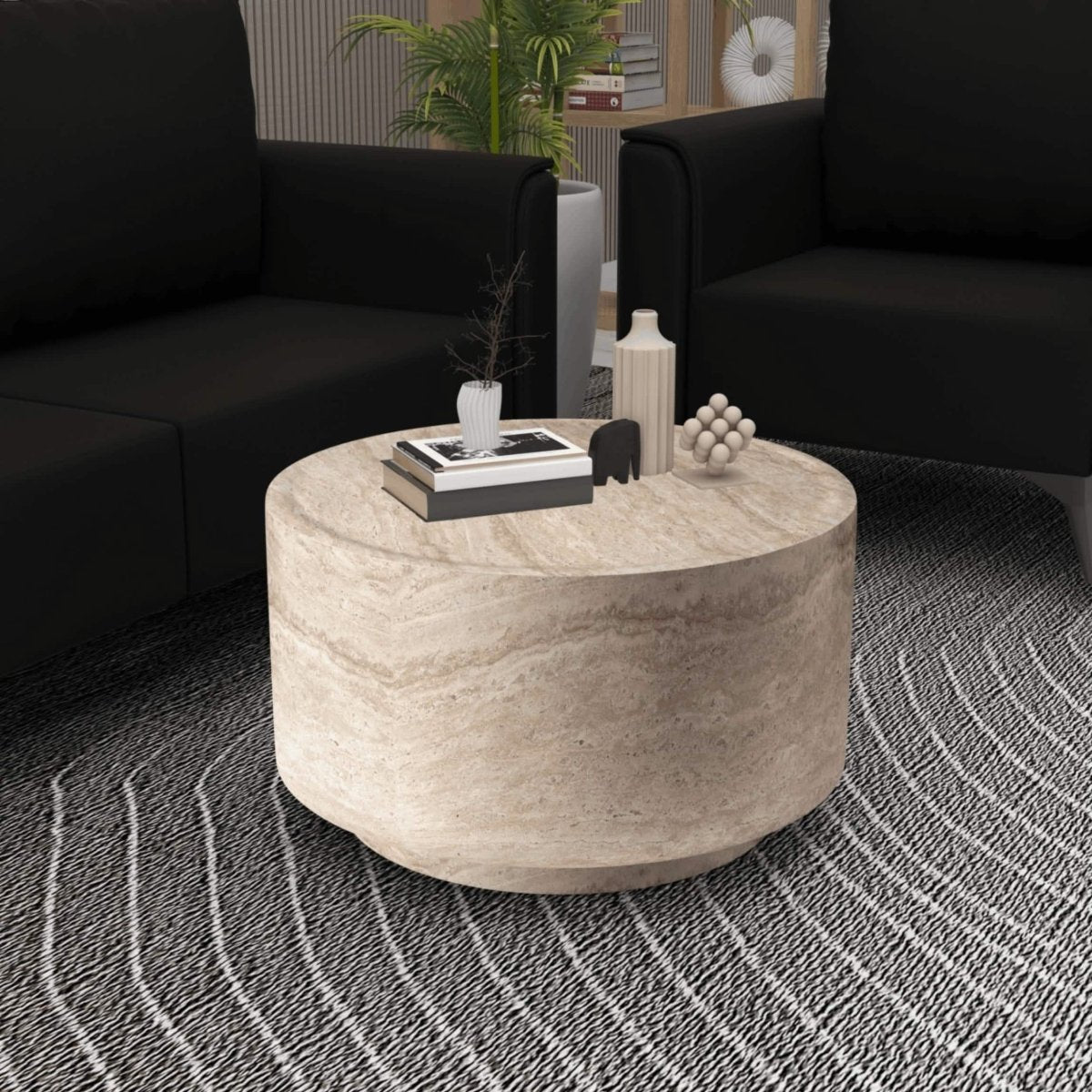Terra 36" Round Coffee Table in Fiberstone for Indoor and Outdoor Travertine Coffee Table LeisureMod