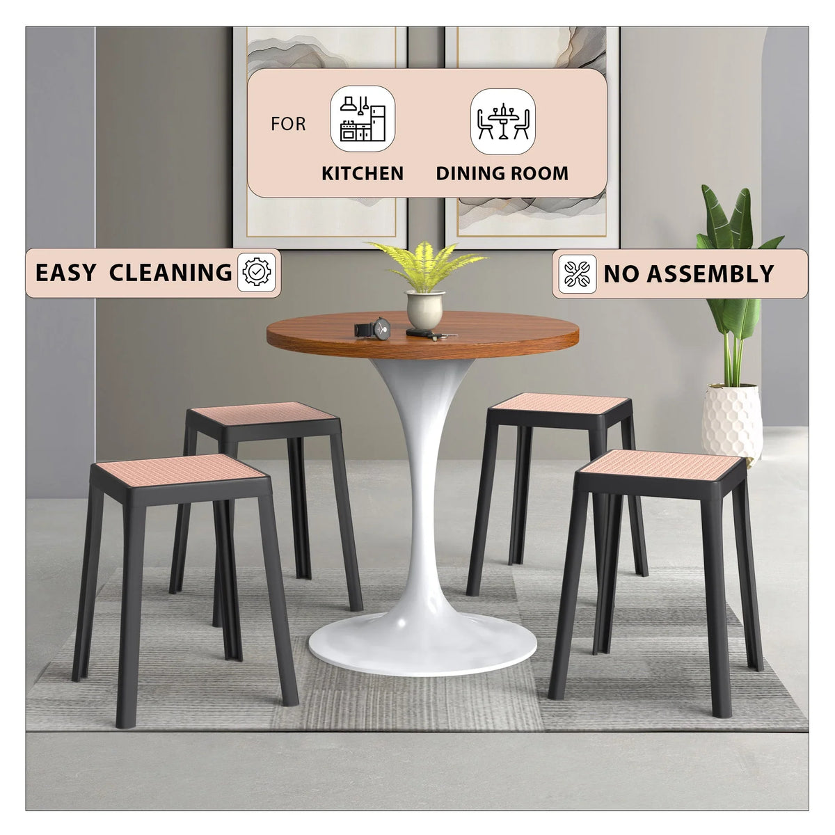 Tresse Mid-Century Modern Stackable Square Plastic Dining Stool with Wicker Top - Elax Furniture