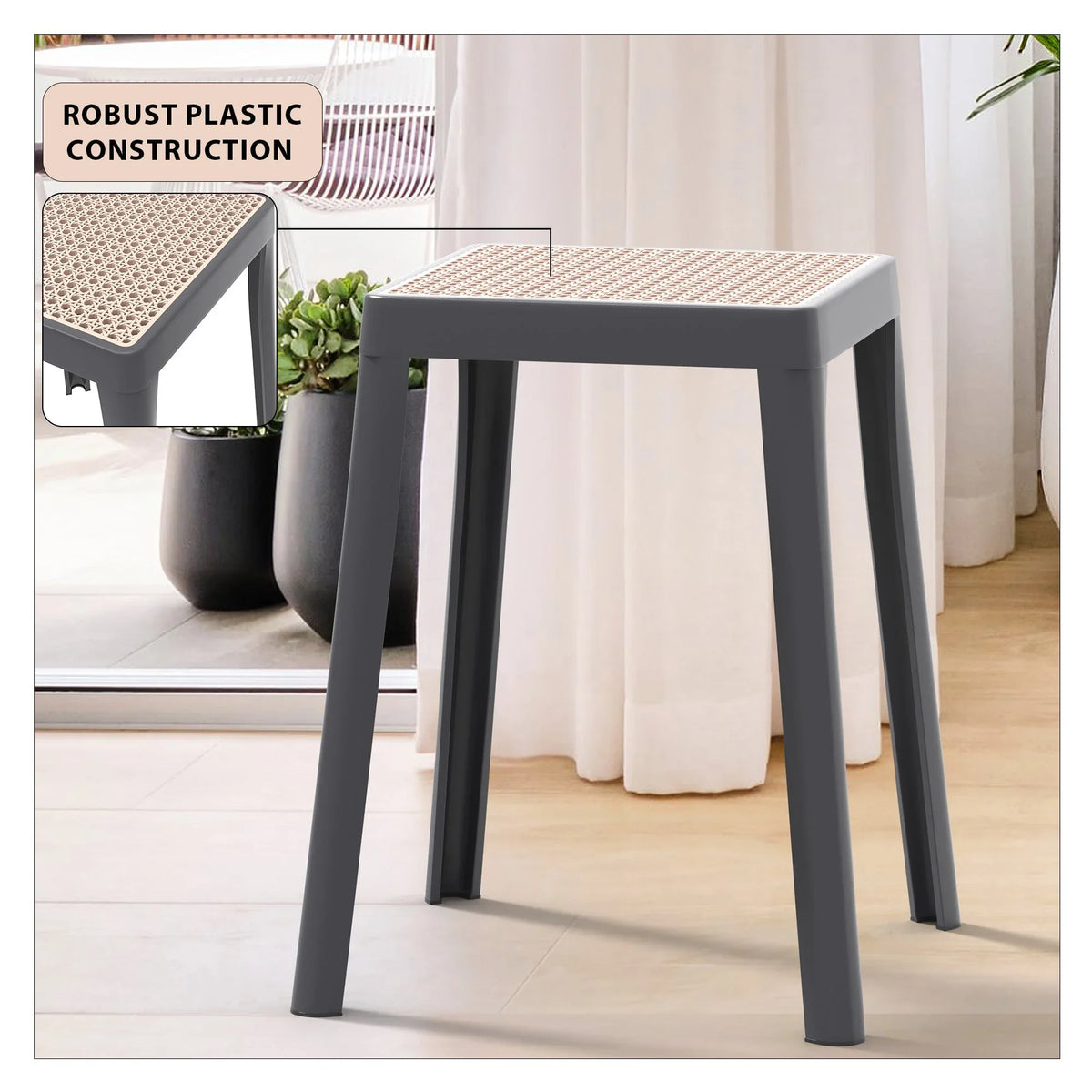 Tresse Mid-Century Modern Stackable Square Plastic Dining Stool with Wicker Top - Elax Furniture