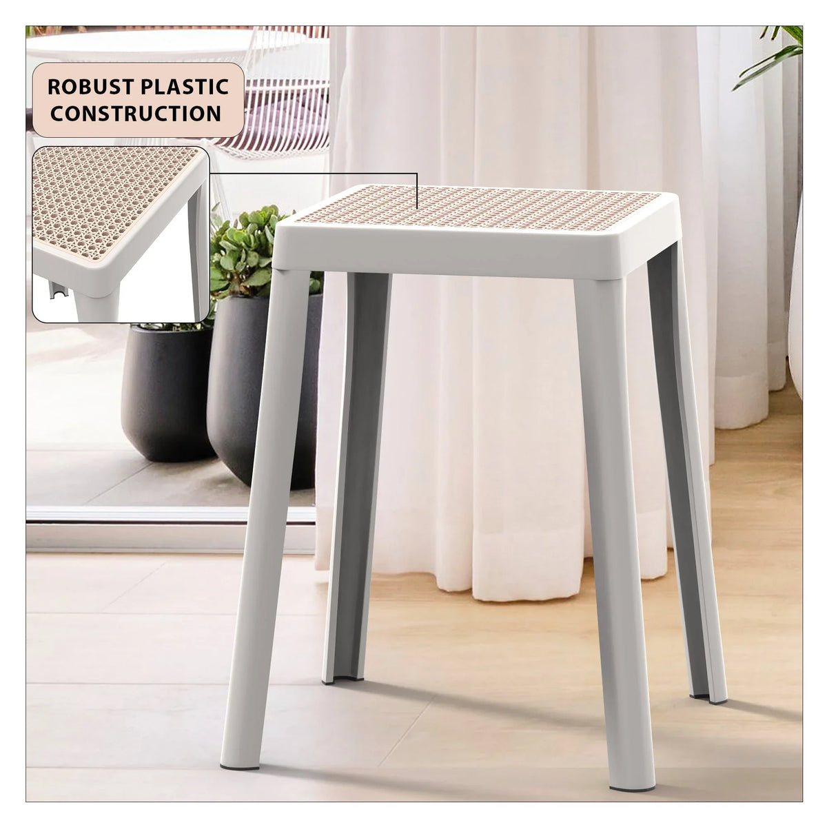 Tresse Mid-Century Modern Stackable Square Plastic Dining Stool with Wicker Top - Elax Furniture