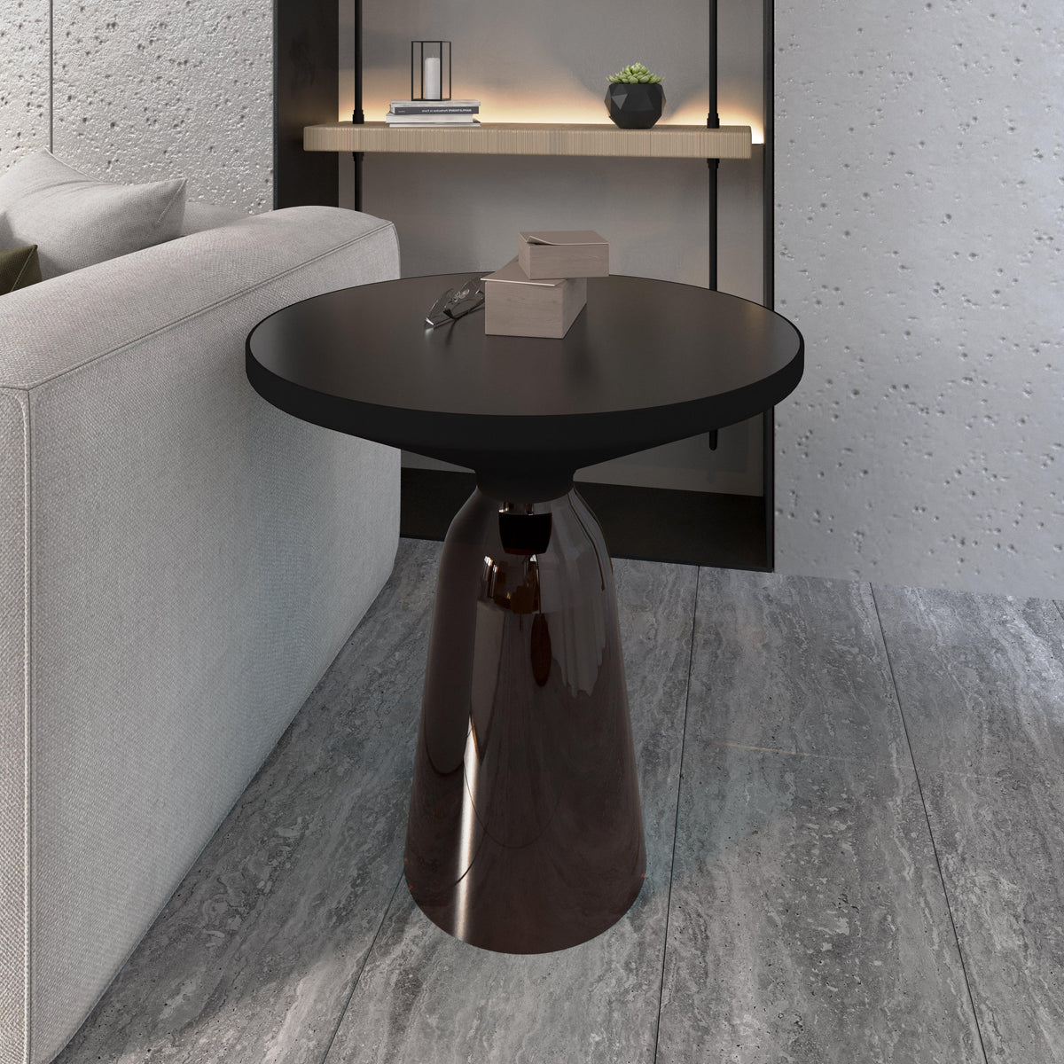 Tully 19-Inch Round Glass/Stone Side Table with Iron Rim Frame and Glass Base - Elax Furniture