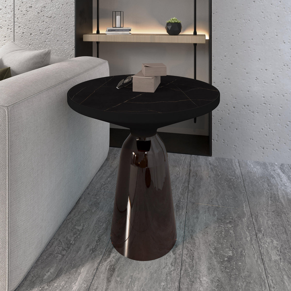 Tully 19-Inch Round Glass/Stone Side Table with Iron Rim Frame and Glass Base - Elax Furniture