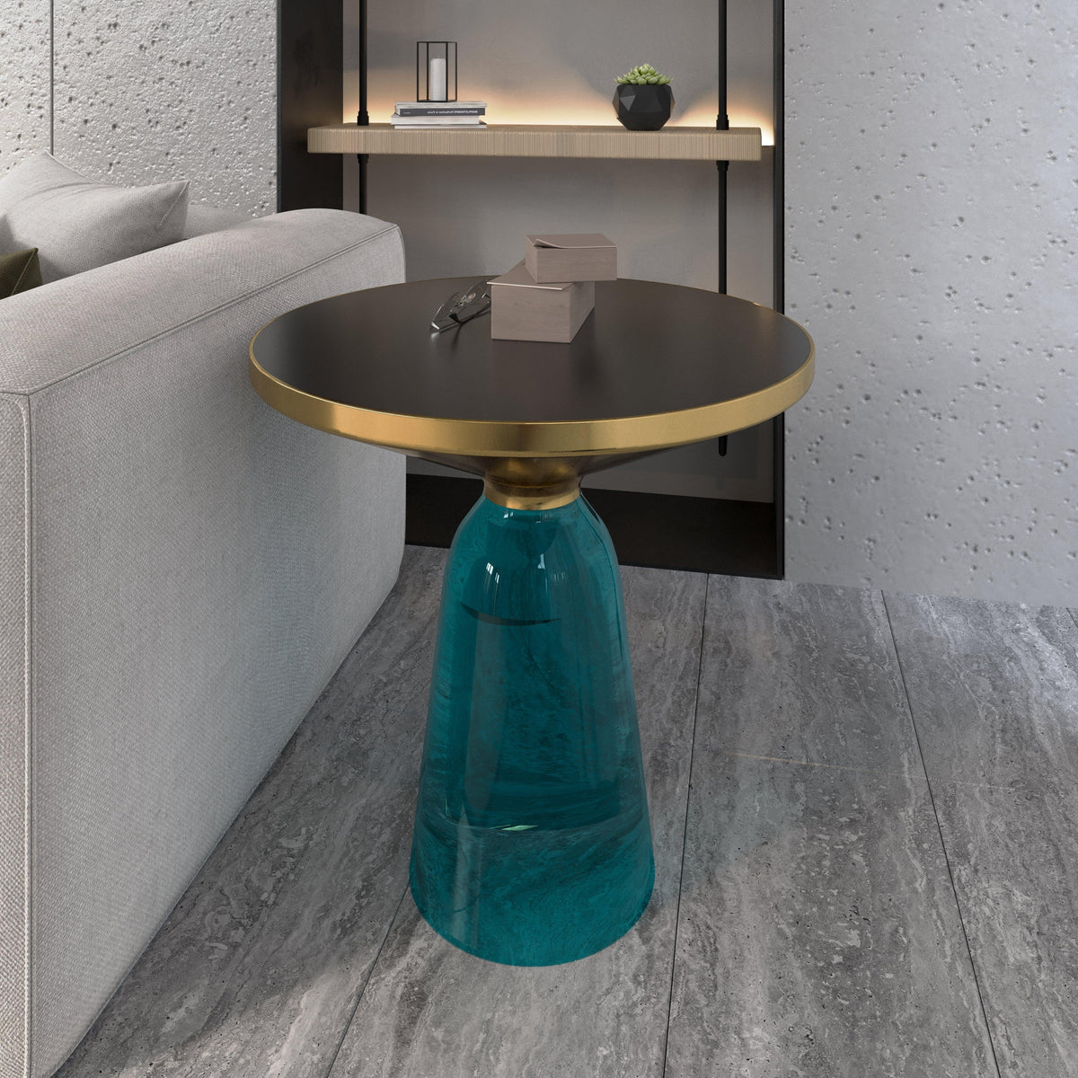 Tully 19-Inch Round Glass/Stone Side Table with Iron Rim Frame and Glass Base - Elax Furniture