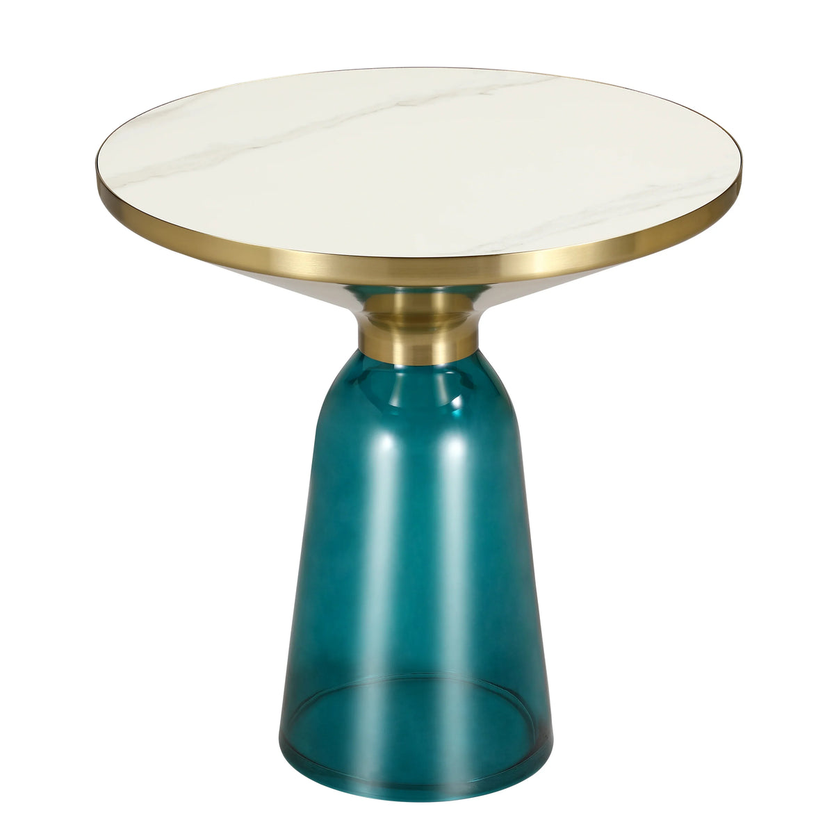 Tully 19-Inch Round Glass/Stone Side Table with Iron Rim Frame and Glass Base - Elax Furniture