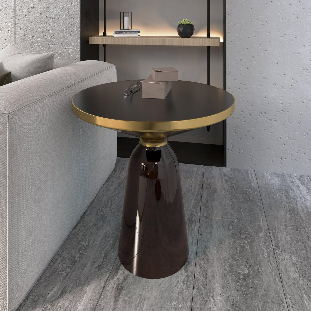 Tully 19-Inch Round Glass/Stone Side Table with Iron Rim Frame and Glass Base - Elax Furniture