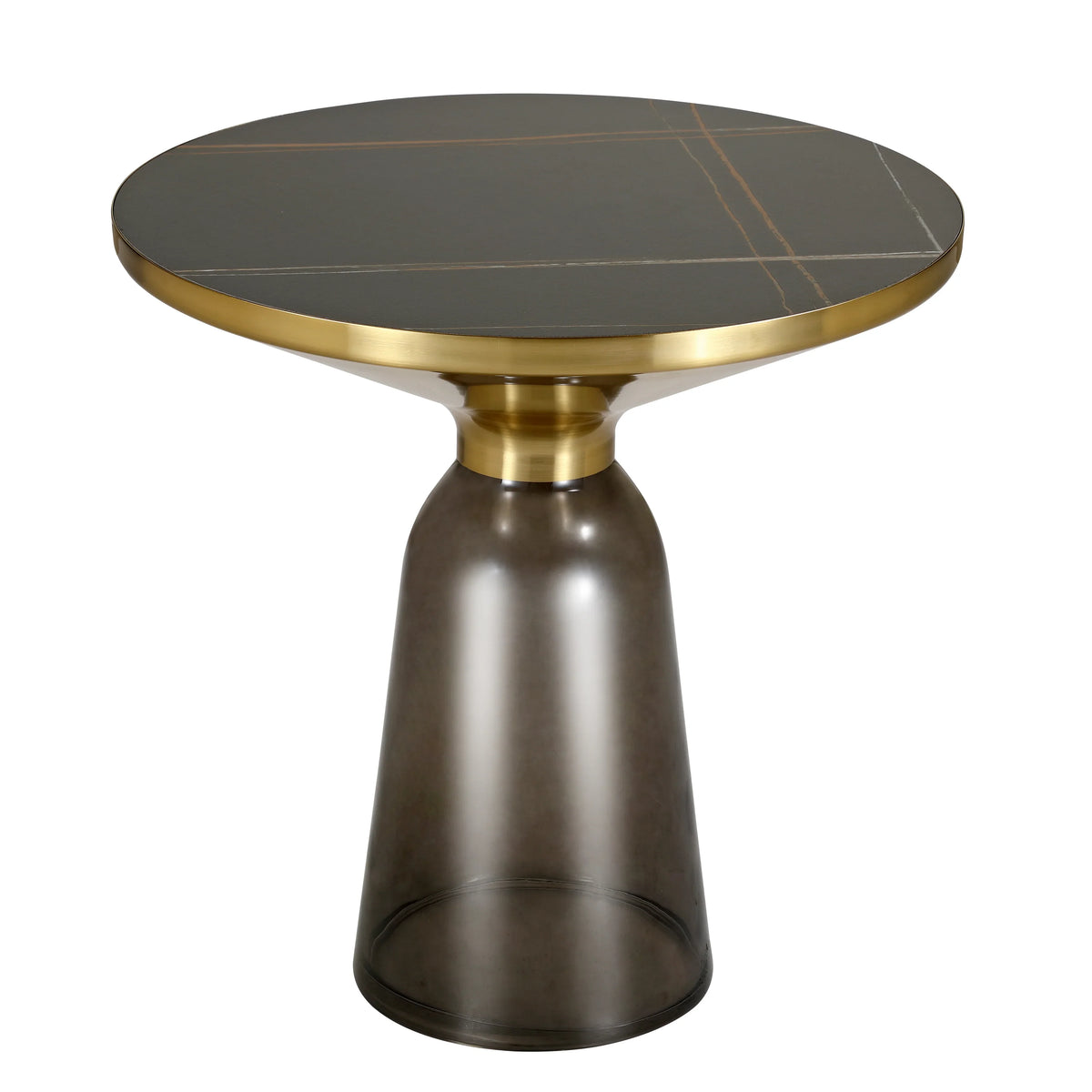 Tully 19-Inch Round Glass/Stone Side Table with Iron Rim Frame and Glass Base - Elax Furniture