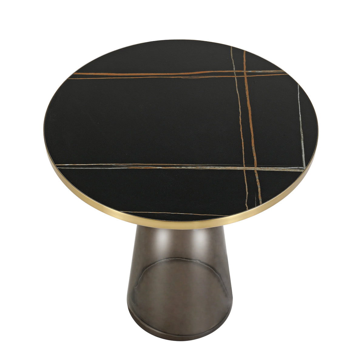 Tully 19-Inch Round Glass/Stone Side Table with Iron Rim Frame and Glass Base - Elax Furniture