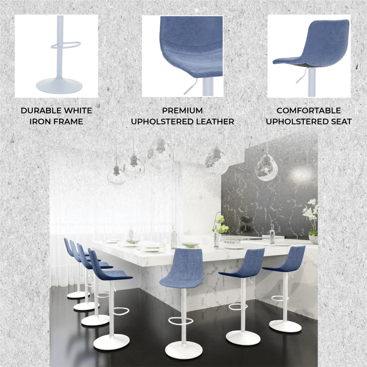 Tilbury Adjustable Height Bar Stool with Leather Upholstery in White Iron with Footrest - Elax Furniture