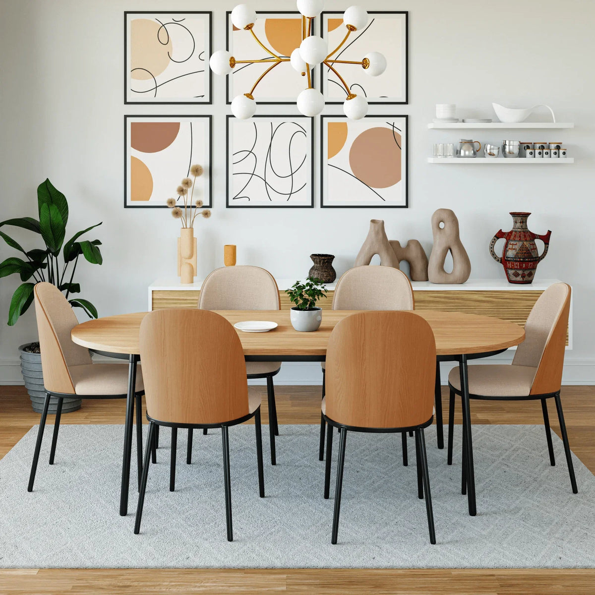 Tule 7-Piece Dining Set: Steel Frame, 6 Upholstered Chairs, 71'' Oval MDF Tabletop - Elax Furniture