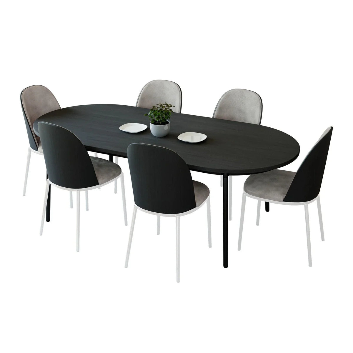 Tule 7-Piece Dining Set with 6 Upholstered Seat Dining Chairs in White Steel Frame and 71" Oval Dining Table with MDF Tabletop - Elax Furniture