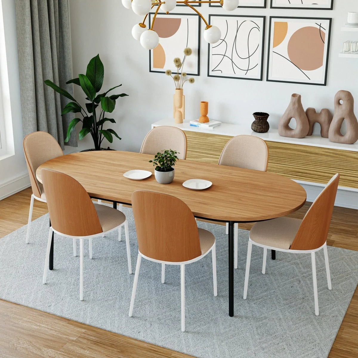 Tule 7-Piece Dining Set with 6 Upholstered Seat Dining Chairs in White Steel Frame and 71" Oval Dining Table with MDF Tabletop - Elax Furniture