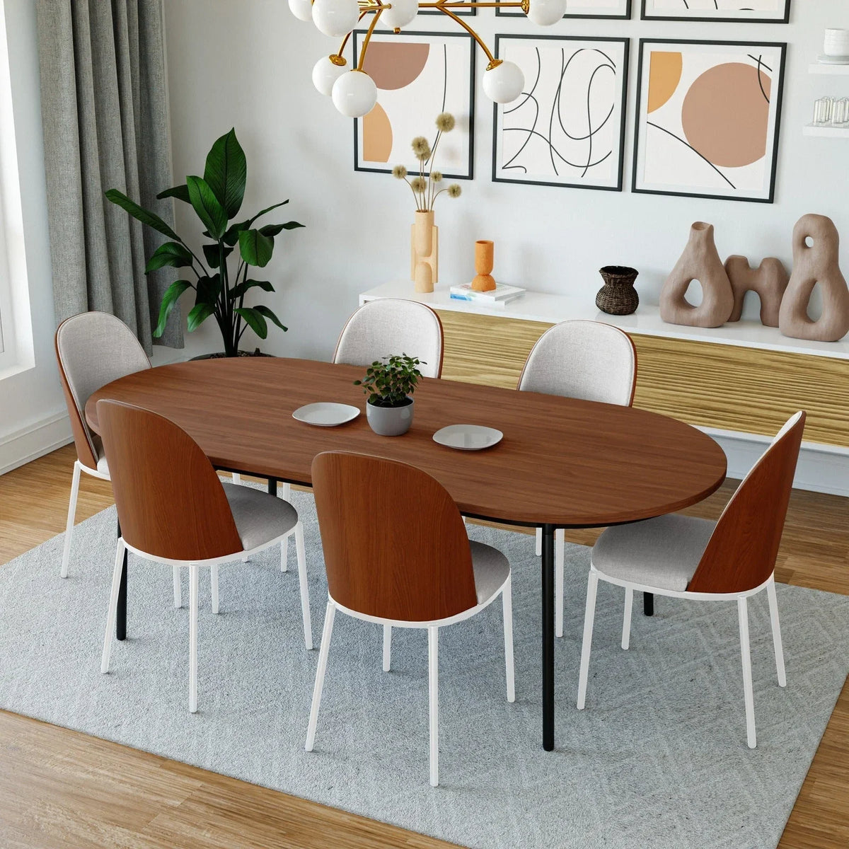 Tule 7-Piece Dining Set with 6 Upholstered Seat Dining Chairs in White Steel Frame and 71" Oval Dining Table with MDF Tabletop - Elax Furniture