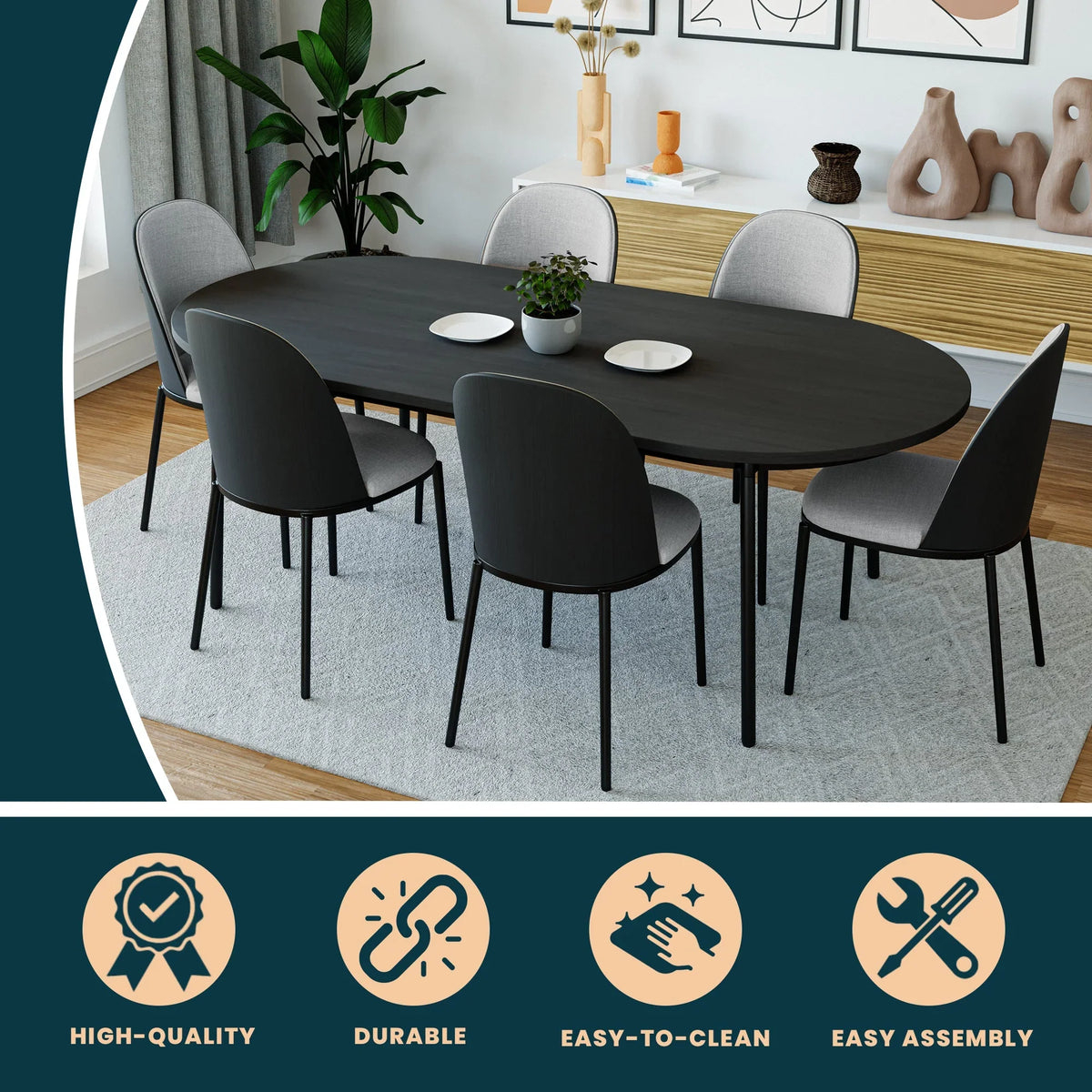 Tule 71" Oval Dining Table with MDF Tabletop and Black Steel Legs - Elax Furniture