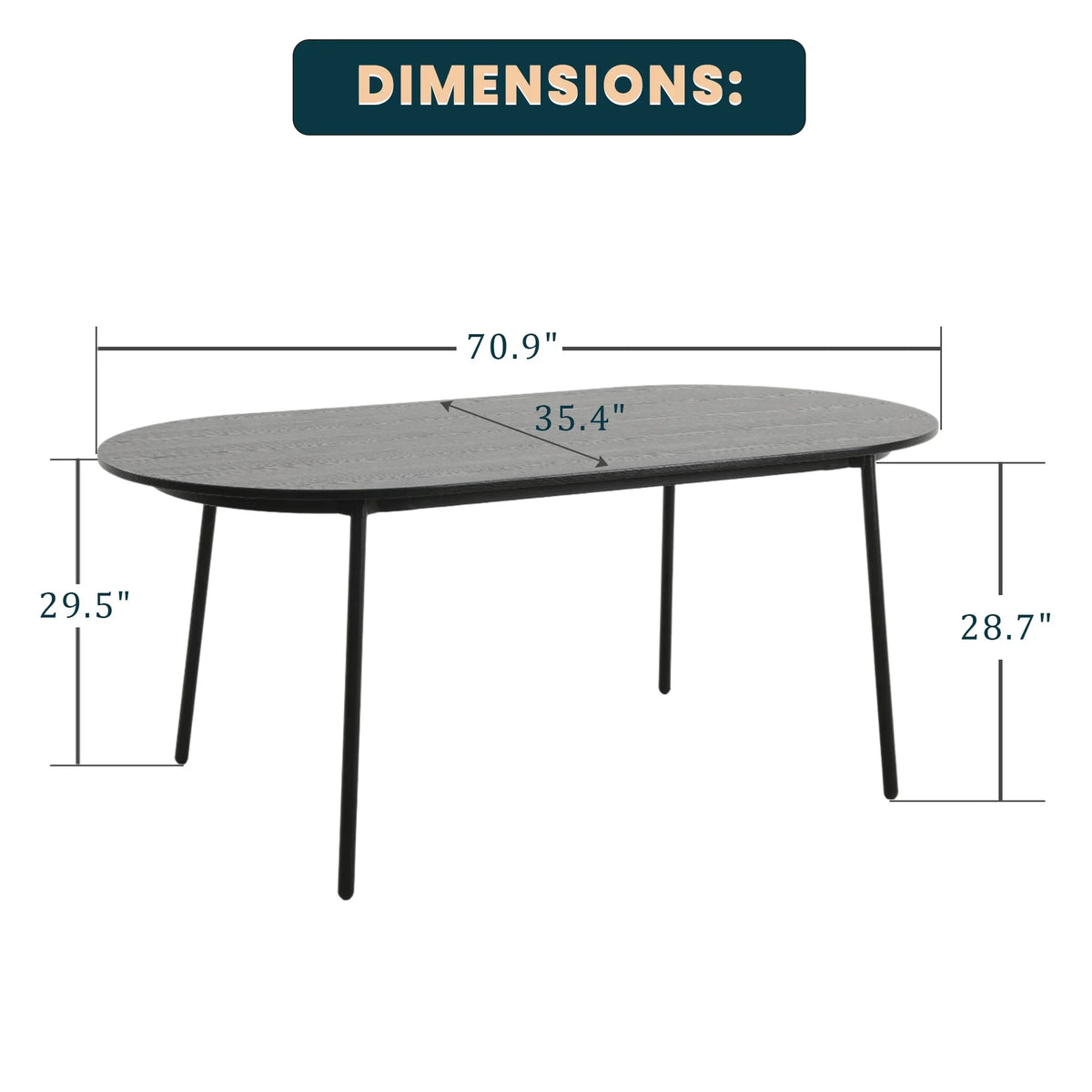Tule 71" Oval Dining Table with MDF Tabletop and Black Steel Legs - Elax Furniture
