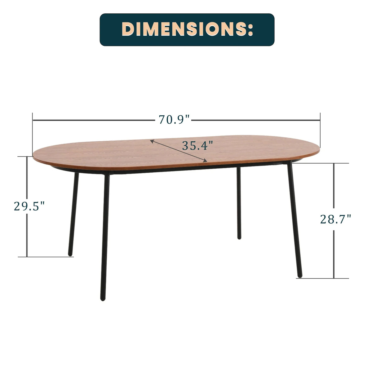 Tule 71" Oval Dining Table with MDF Tabletop and Black Steel Legs - Elax Furniture