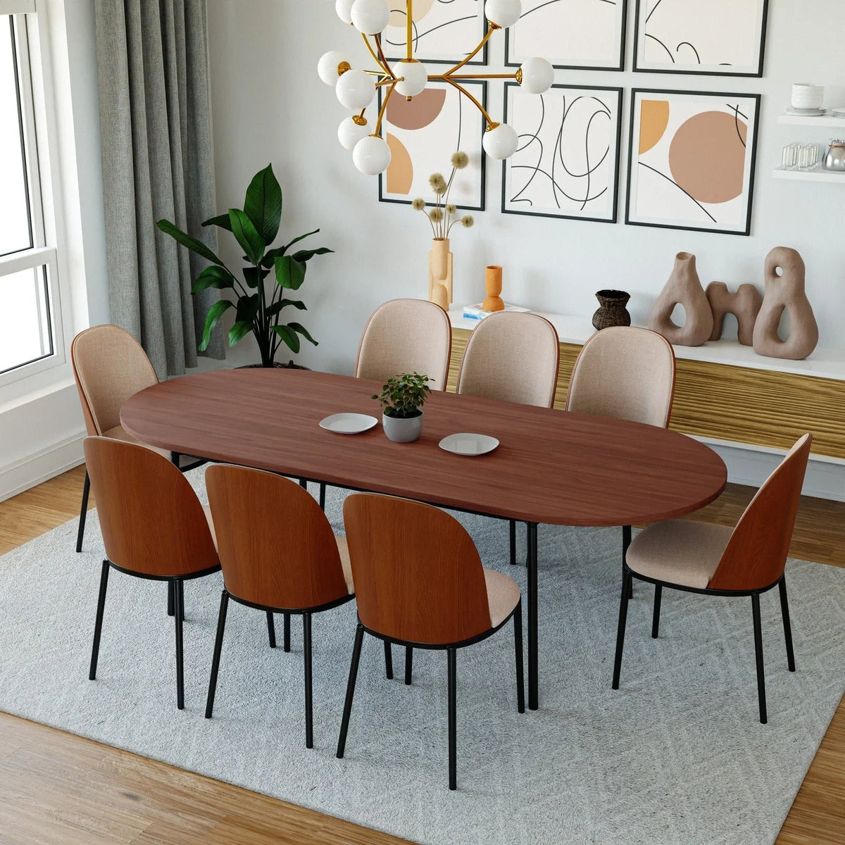 Tule 9-Piece Dining Set in Steel with 8 Upholstered Seat Dining Chairs and 83" Oval Dining Table with MDF Tabletop - Elax Furniture