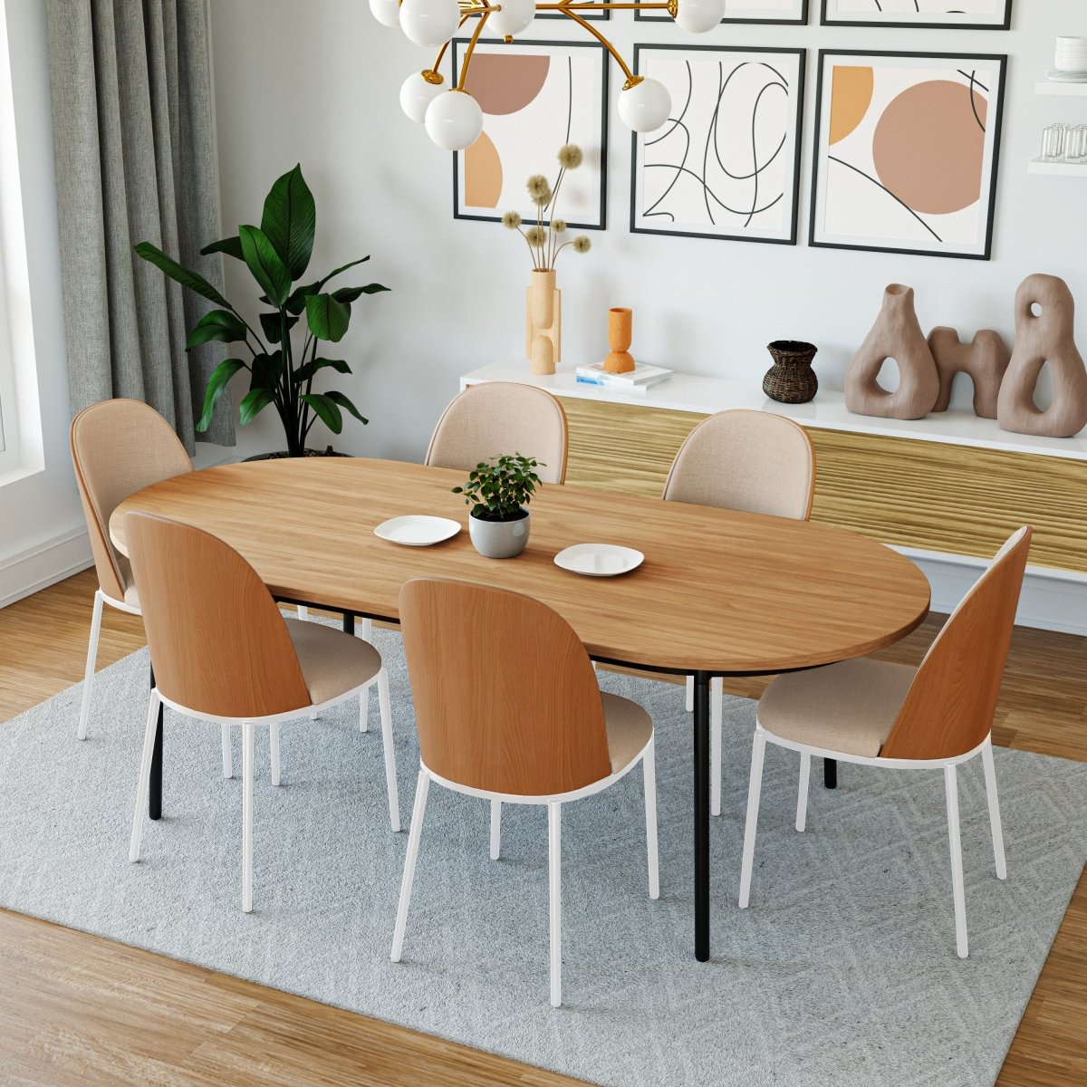 Tule Dining Side Chair with Upholstered Seat and Powder-Coated Steel Frame White Natural Wood Brown Dining Chair Leisuremod