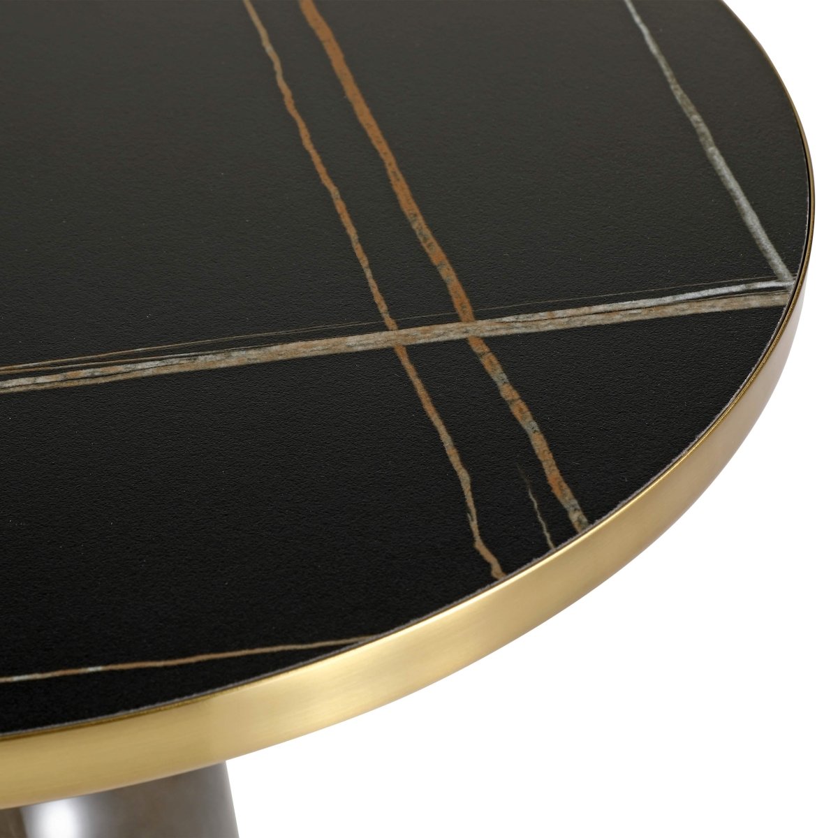Tully 19-Inch Round Glass/Stone Side Table with Iron Rim Frame and Glass Base Gold Stone Grey Black Stone Side Table Leisuremod