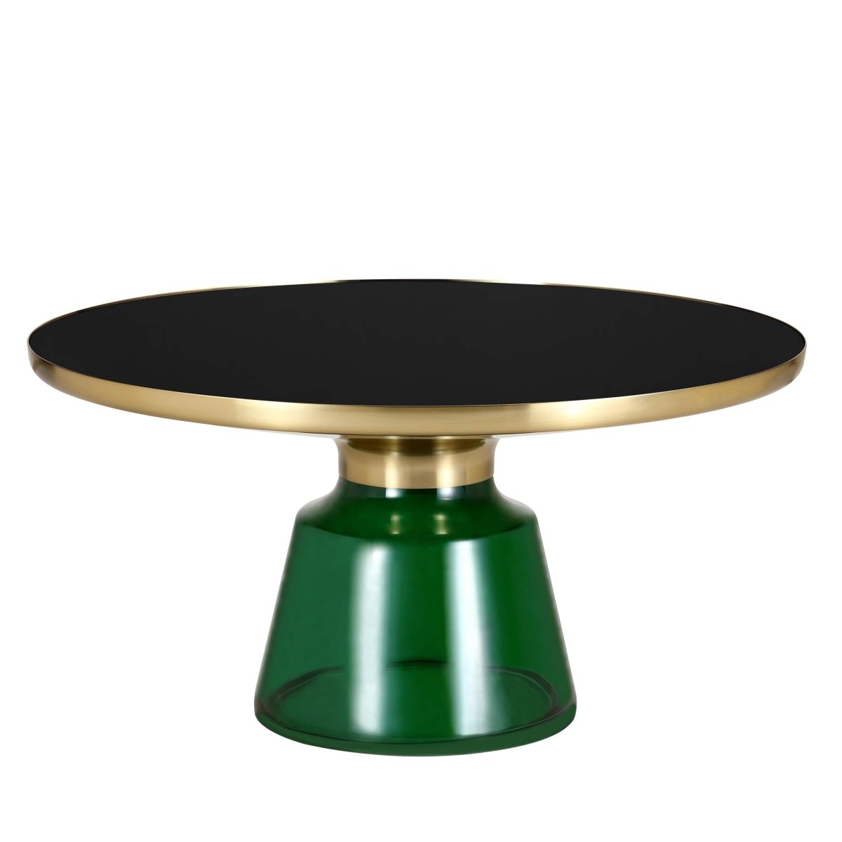Tully 30-Inch Round Glass/Stone Coffee Table with Iron Rim Frame and Glass Base Glass Green Black Glass Coffee Table Leisuremod