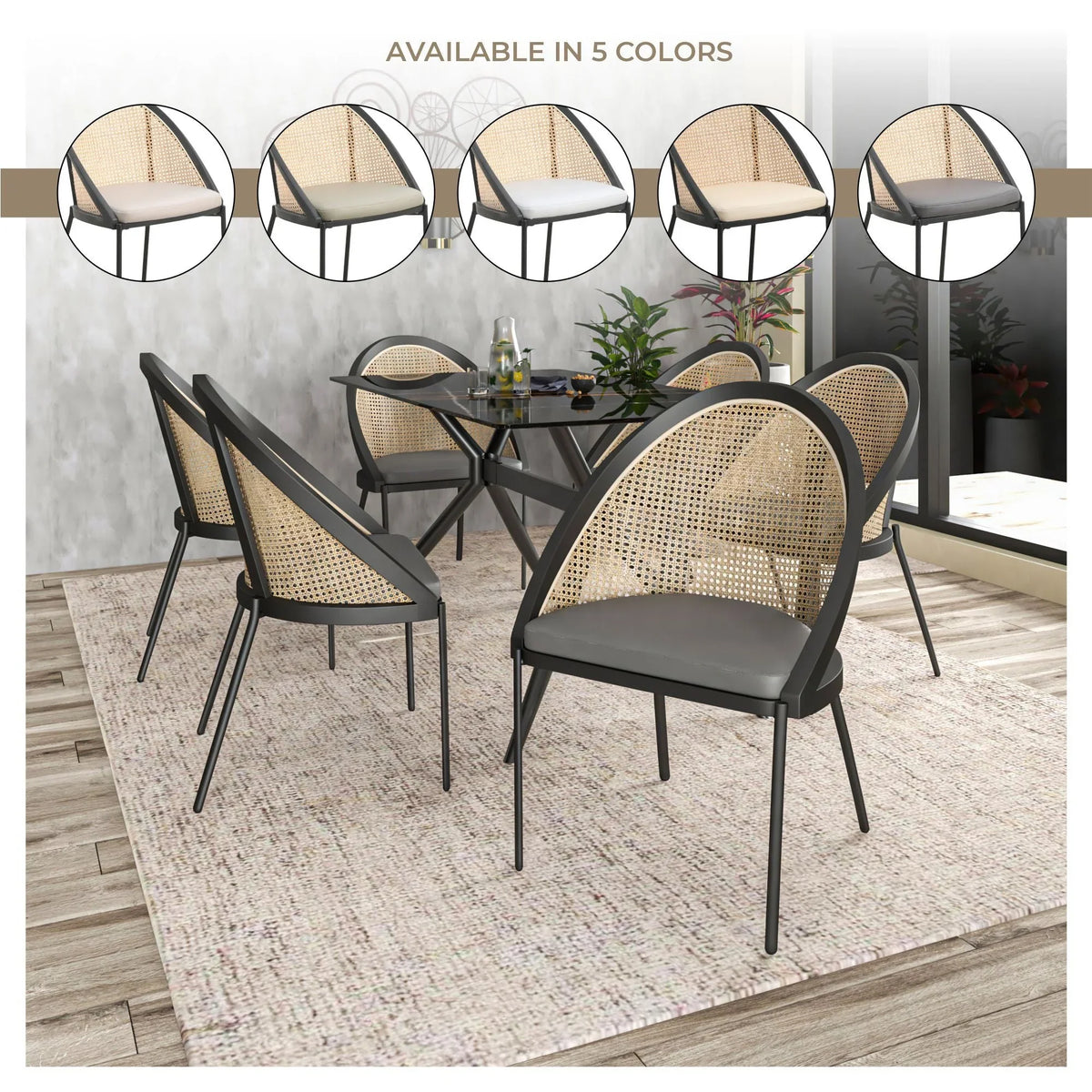 Urbane Dining Chair with Vinyl Fabric Seat and Wicker/Vinyl Backrest in Black Stainless Steel - Elax Furniture