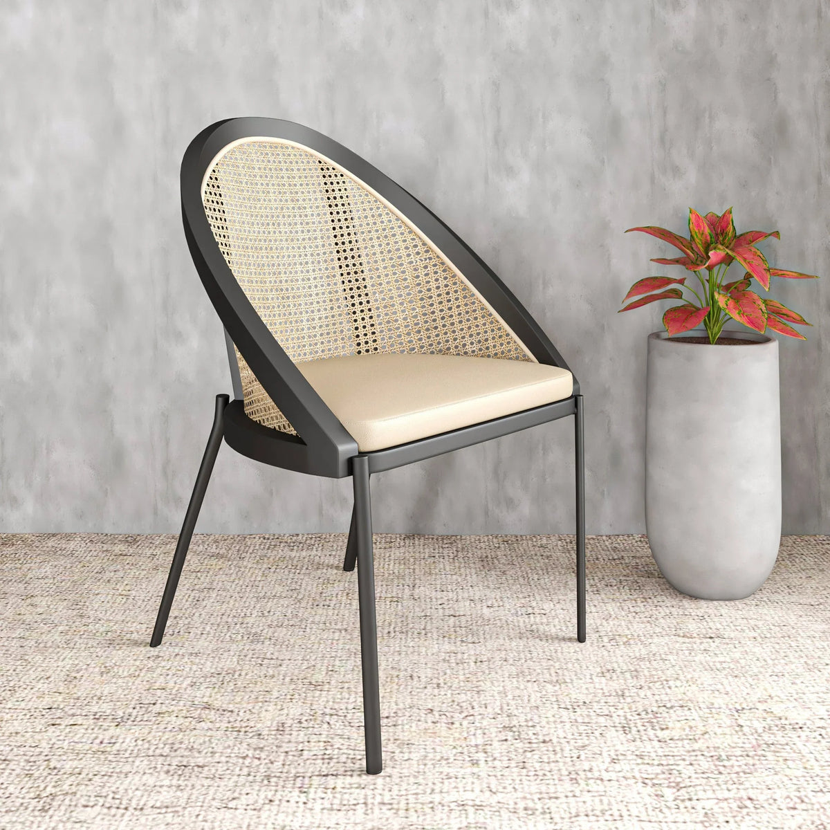 Urbane Dining Chair with Vinyl Fabric Seat and Wicker/Vinyl Backrest in Black Stainless Steel - Elax Furniture